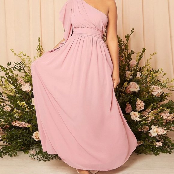 Pink Ruched Chiffon One Shoulder Maxi Dress - Picture 5 of 5